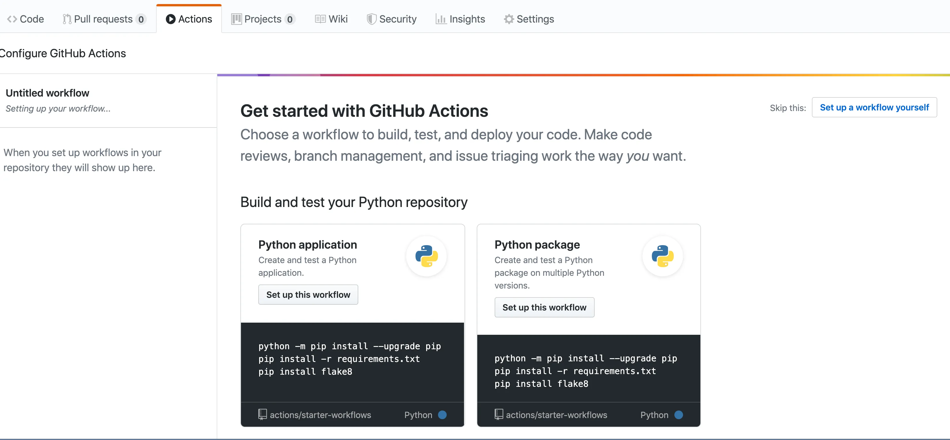 Choose the python package workflow.